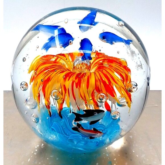Murano Glass Tropical Fish Aquarium Art Paperweight 4.5" X 4.15" Handcrafted Wit - Picture 4 of 15